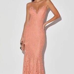 Lulus Ask Me to Dance Coral Pink Lace Mermaid Maxi Dress Sz SMALL never Wornk9